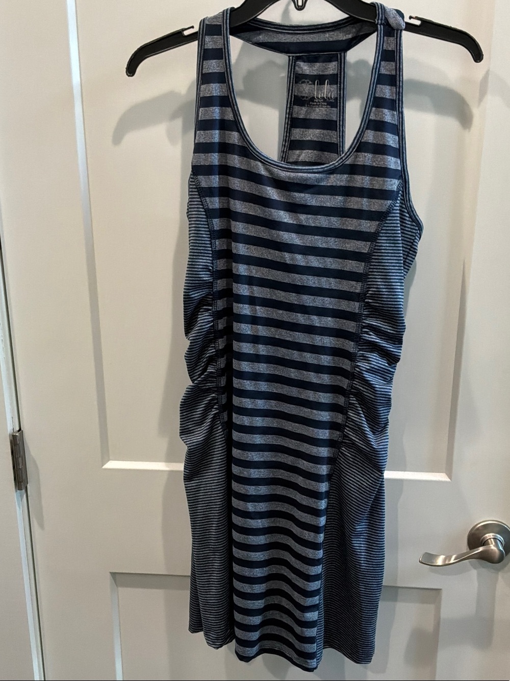Medium Striped Navy Gray Sleeveless Tank Dress Athletic Wear Built In Bra